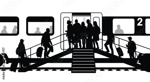 Canvas Print People boarding and disembarking a train depicted in a striking silhouette