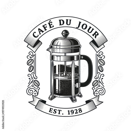 Vintage French Press Coffee Maker Emblem.