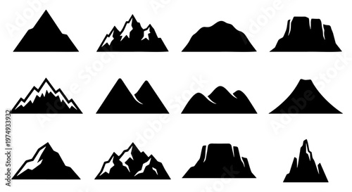Mountain silhouette icons, 12 black peak vector set, outdoor nature symbols