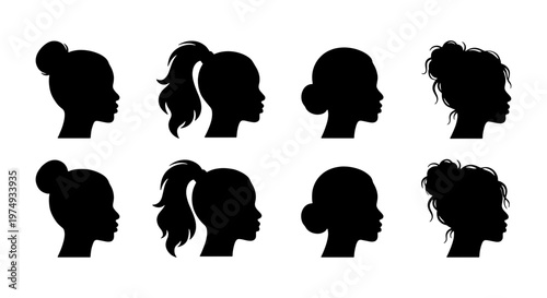Black woman silhouette heads, female profile icons, 8 hair style vectors