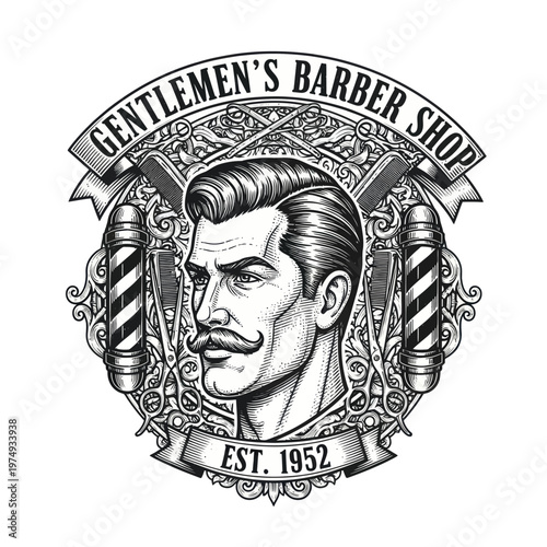 Vintage Gentleman Barber Shop Emblem with Classic Man Portrait.