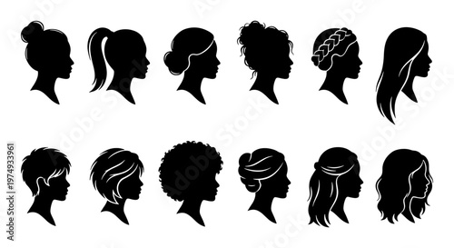 Woman profile silhouette set, female hairstyle icons, 12 girl head vectors