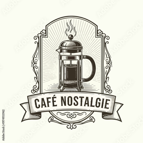 Vintage French Press Coffee Maker Emblem.