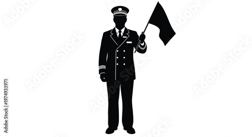 A captain in uniform waving a flag depicted as a striking silhouette