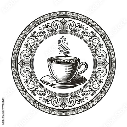 Elegant Coffee Cup with Steam and Ornate Border.