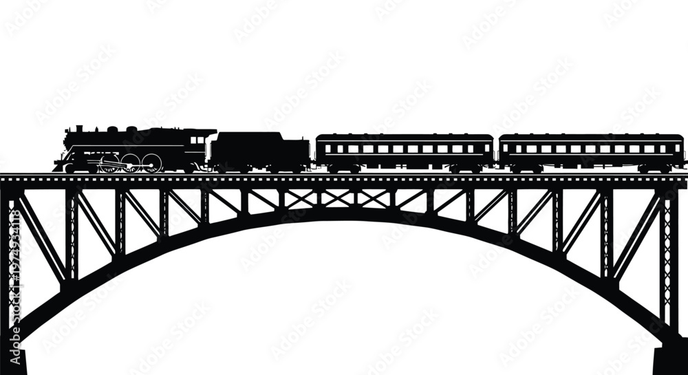 Obraz premium Vintage steam train travels across a bridge depicted in a striking silhouette