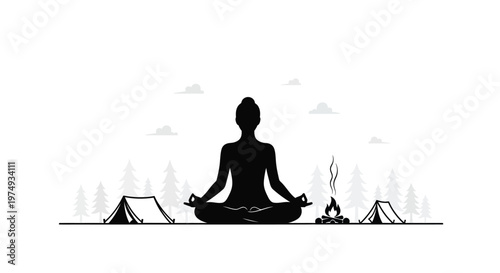 Meditating woman in lotus position with camping scene dramatic silhouette