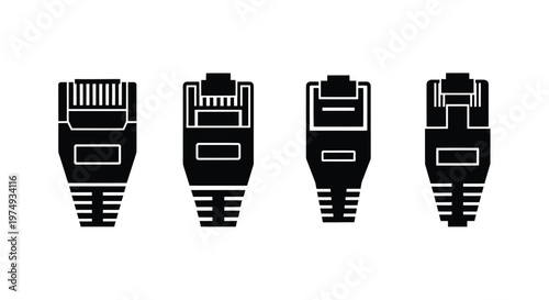 Four black ethernet port connectors displayed in a graphic bold silhouette