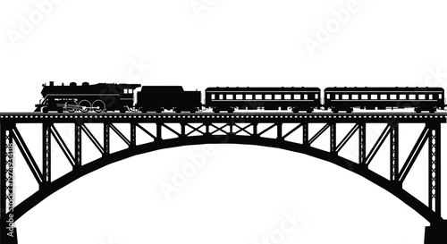 Vintage steam train travels across a bridge depicted in a striking silhouette