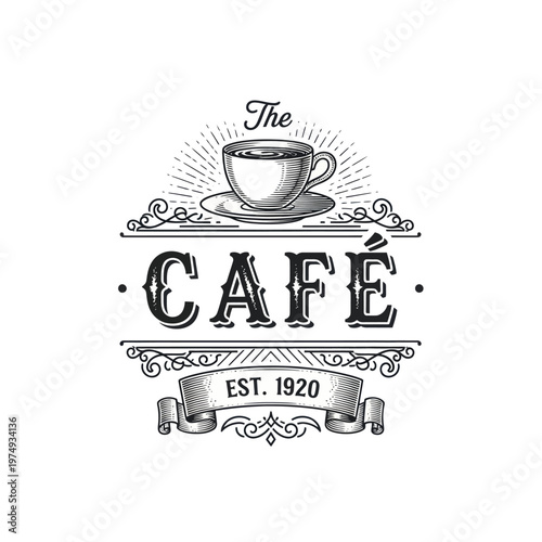 Vintage Cafe Logo Design with Coffee Cup and Banner.
