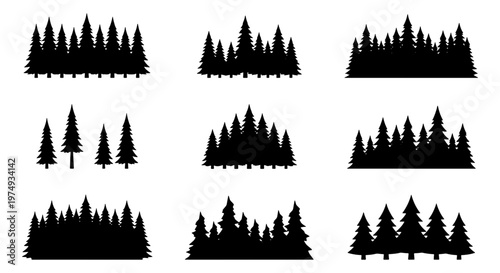 Pine forest silhouette set, conifer tree line icons, 9 vector nature elements