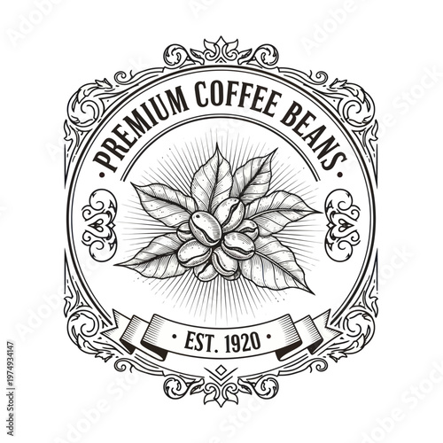 Vintage Coffee Bean Emblem with Leaves and Banner.