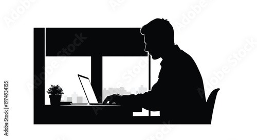 Man working on laptop by a window depicted in black silhouette
