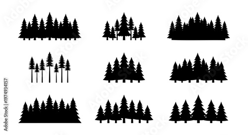 Pine tree forest silhouettes, 9 conifer wood icons, black evergreen vector set