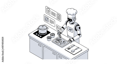 AI Robot Chef Preparing Healthy Meal in Modern Smart Kitchen Isometric Vector Illustration