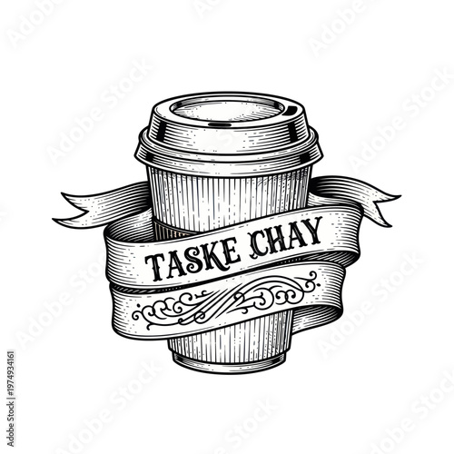 Vintage Coffee Cup with Ribbon Emblem.