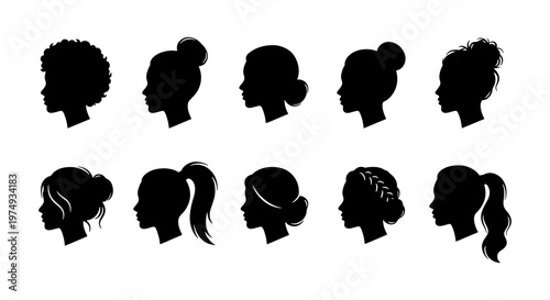Woman profile silhouettes, 10 female hairstyle icons, black head vector set