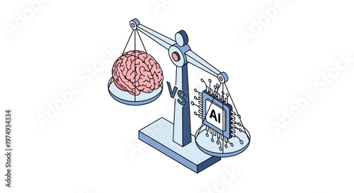 Human Brain vs Artificial Intelligence on Balance Scales Isometric Concept Illustration
