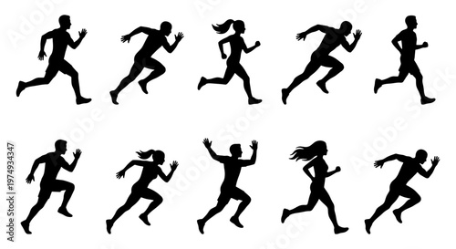 Running silhouettes set, 10 athlete icons, jogging people vector graphics