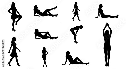 Fashion woman silhouettes, 11 female figure vectors, posing lady set