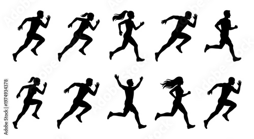 Running people silhouettes, 10 runner icons set, black athlete vector shapes