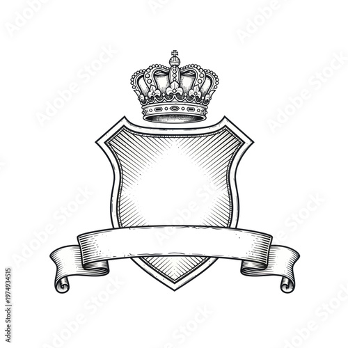 Vintage Heraldic Shield with Crown and Banner Illustration.