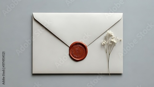 A white envelope with a red wax seal and a small white flower isolated on white background
