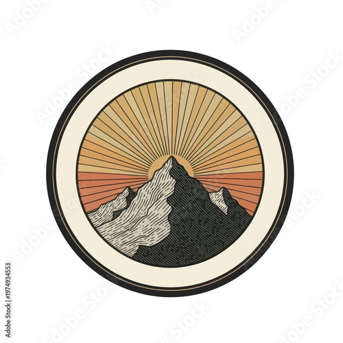Majestic Mountain Peak Sunrise Emblem.