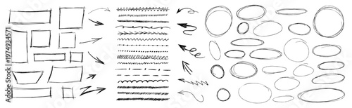 Black pen strokes round circle underline shapes with hand drawn doodle arrow elements. Rough lines encircle key note areas with strike details. Vector set bundle highlight text scribble.