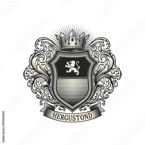 Ornate Heraldic Crest with Lion Rampant and Crown.