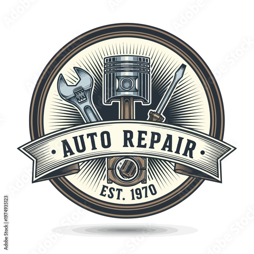 Wallpaper Mural Vintage Auto Repair Emblem with Piston and Tools. Torontodigital.ca
