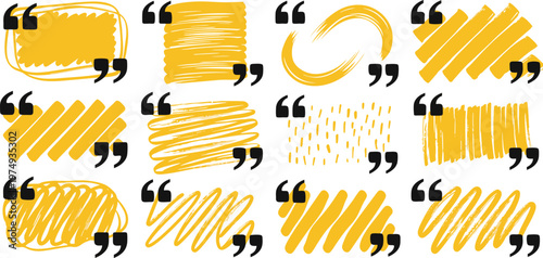 A collection of twelve distinct yellow marker highlighter stroke frames with quotation marks Vector