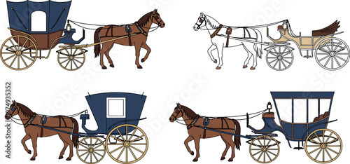 Horse carriage collection with vintage wagons and horses, classic transportation vector set for historical travel and antique design
