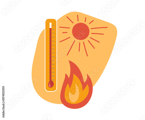 Heat wave. Scorching sun, overheated thermometer, fire as symbol of hot weather danger. Vector illustration. Suitable for climate change awareness, heatstroke prevention, summer safety campaigns
