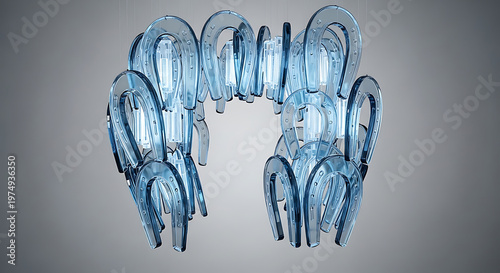 Abstract translucent blue horseshoe shapes forming a futuristic archway representing luck design and modern architecture on a gradient background