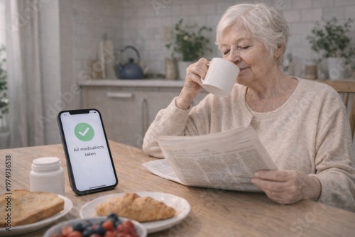 elderly woman enjoys coffee and breakfast while a smartphone confirms all medications taken, illustrating a calm morning routine, adherence support and independent senior living