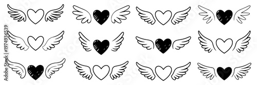 heart angel wings love doodle vector set