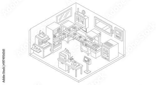 Automated Industrial Kitchen and Commercial Food Production Line Isometric Line Art Illustration
