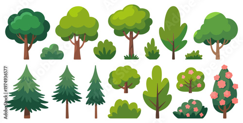cartoon tree bush plant icon set vector