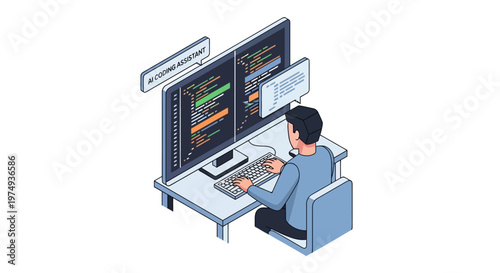 Isometric Illustration of a Software Developer Using an AI Coding Assistant for Programming