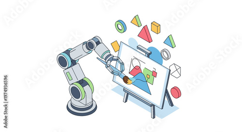 Robotic Arm Painting on Easel Isometric Illustration - Generative AI Art and Creative Automation Concept