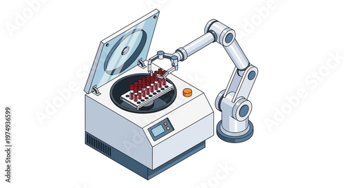 Isometric Laboratory Automation Concept with Robotic Arm Placing Blood Sample Test Tubes into a Centrifuge for Clinical Analysis and Medical Research