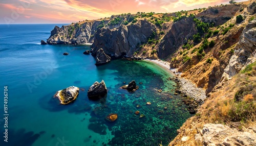Scenic coastal view with rocky cliffs overlooking turquoise waters, bathed in golden sunlight under a colorful sky