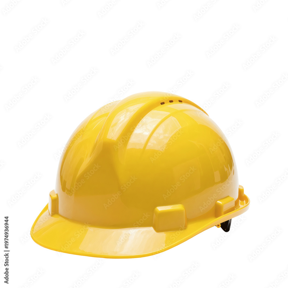 Fototapeta premium Yellow construction helmet sits on a white surface in a studio shot