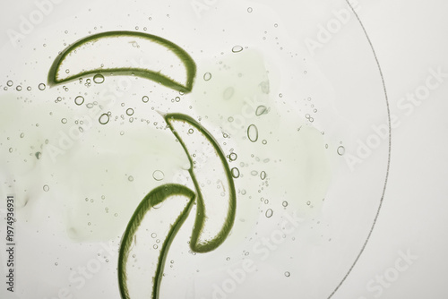 Aloe vera leaf pieces and bubbles are suspended in clear green liquid gel