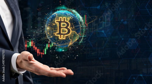 Global Bitcoin trading and crypto investment strategy, businessman holding digital earth globe with bitcoin symbol over rising candlestick chart
