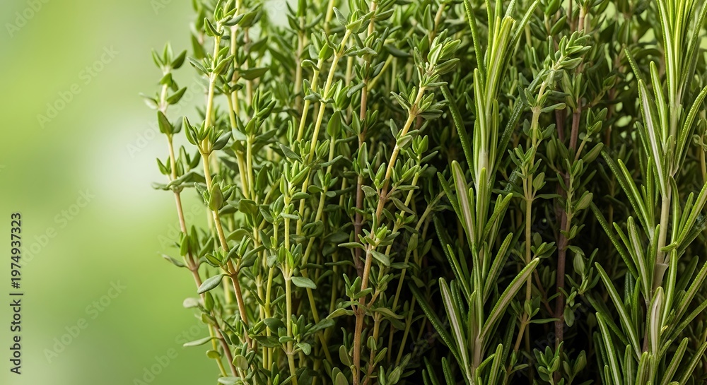 Obraz premium Fresh green thyme and rosemary herbs close up with blurred green background healthy cooking ingredients aromatic culinary herbs for food preparation