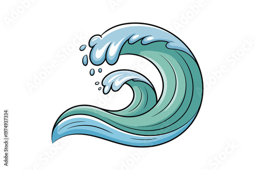 A vibrant cartoon illustration of a curling ocean wave with splashing water droplets ideal for design projects on transparent background.