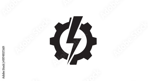 A black silhouette of a gear with a lightning bolt striking through its center, symbolizing power and industry.
