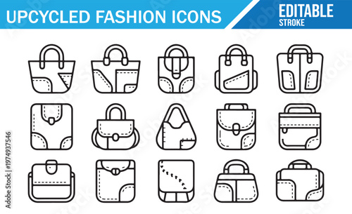 Minimal line bag icons set with editable stroke, upcycled fashion concept, outline vector collection of handbags, backpacks and accessories isolated on light background